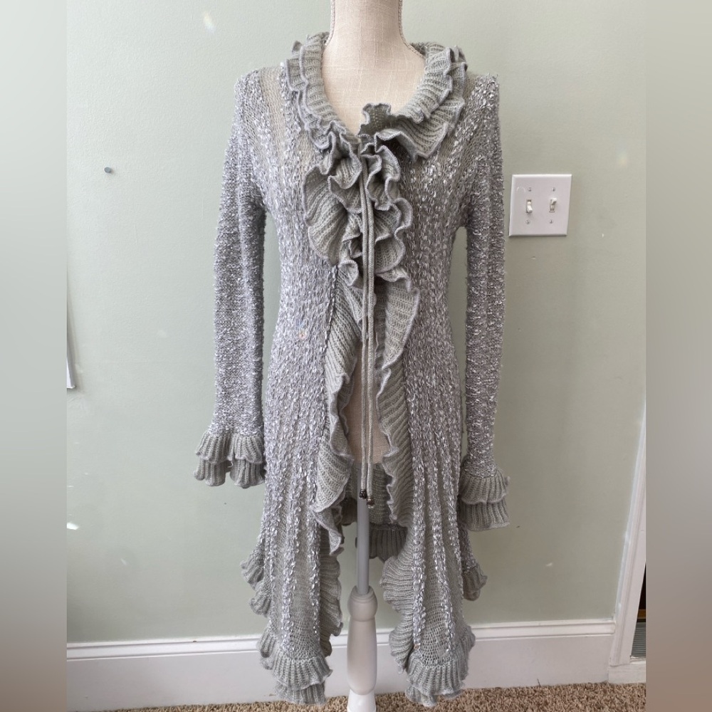 ❌SOLD❌SIONI Y2K FAIRYCORE GOTHCORE VINTAGE GRAY CARDIGAN DUSTER RUFFLE SWEATER